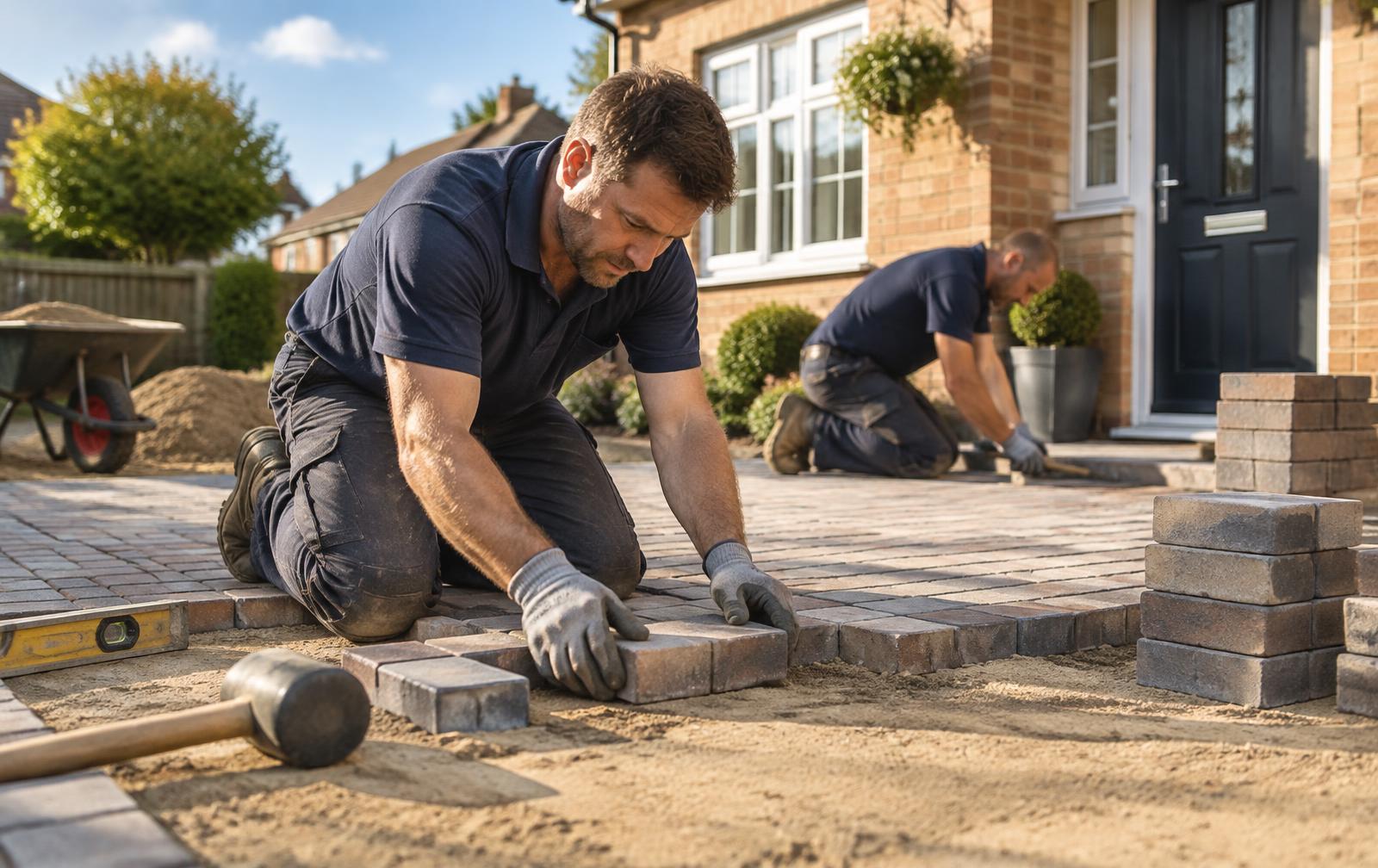 Temporary concept showing block paving setts being laid by hand
