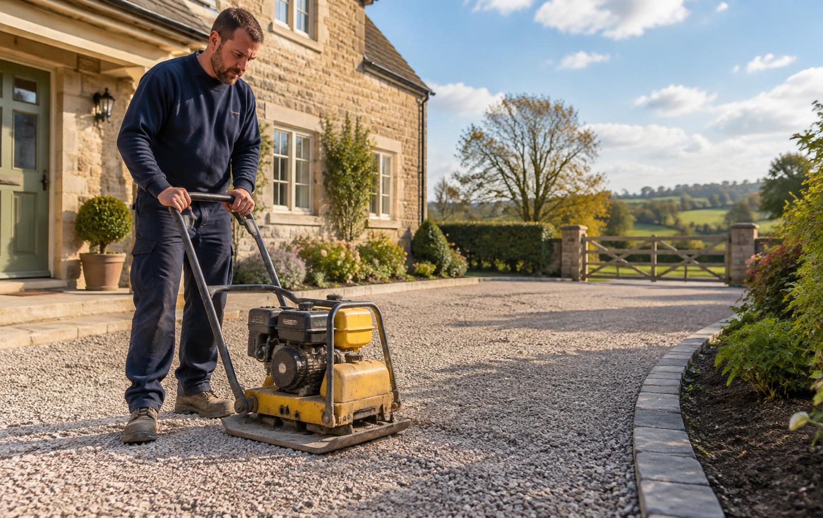 Temporary concept showing a new gravel driveway being compacted
