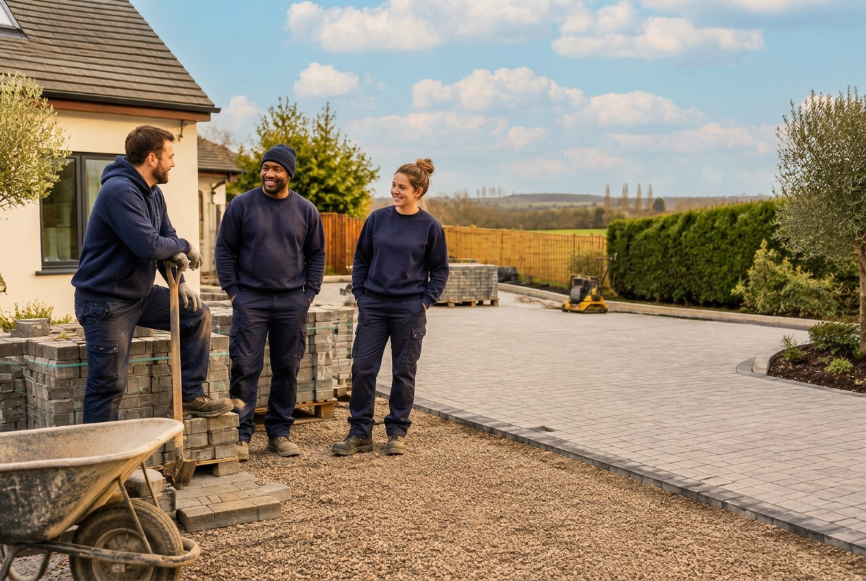 Temporary concept showing a paving team in plain workwear
