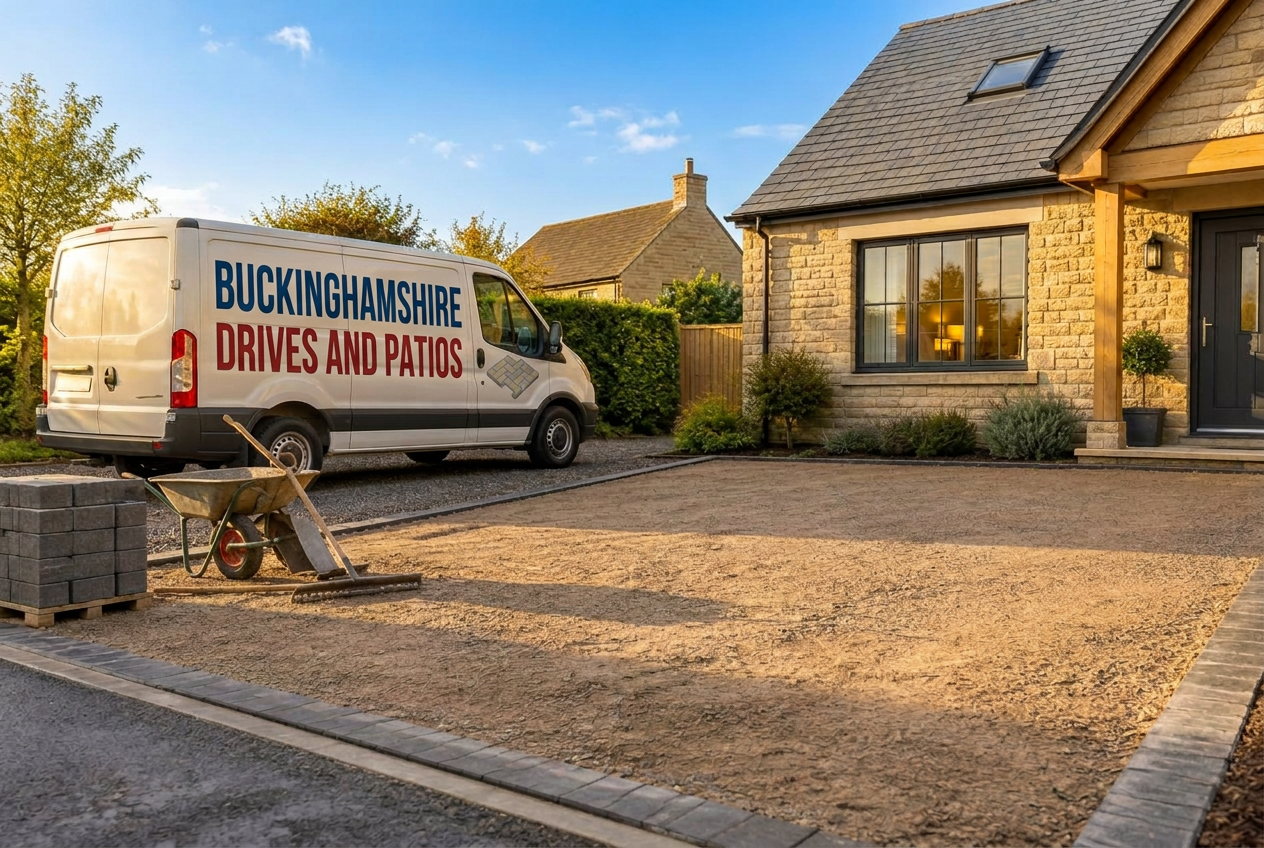Temporary concept showing an unbranded work vehicle at a driveway project